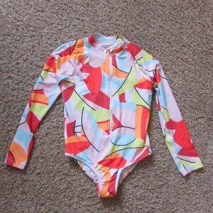 NWOT Wonder Nation Large 10/12 One Piece L/S Swimsuit Rash Guard Zip Front Multi